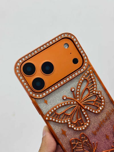 🦋💫 Orange Soft 3D Butterfly Stone Transparent Case 🧡✨ Bling + Butterfly perfection!_img_0