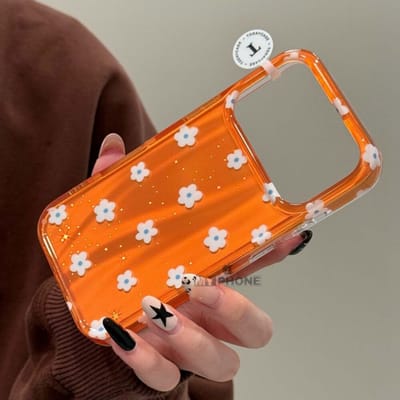 Premium Trending Korean Style Aesthetic: Sunset Orange Blossom Glitter Floral Case_img_1